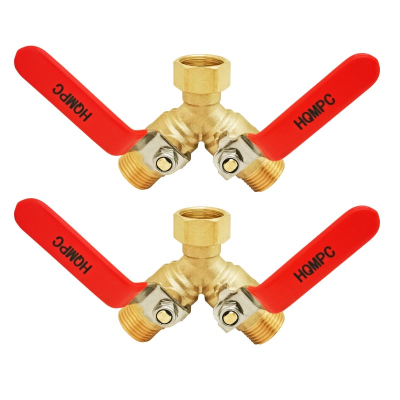 HQMPC Garden Hose Y Valve Splitter Brass Hose Splitter With Stainless Steel Long Handle Brass Garden Hose Adapter 2 Way Y Valve 3/4"" GHT Thread 2pcs - Image 1